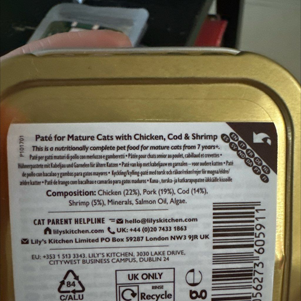 Lily's Kitchen Paté for Mature Cats with Chicken, Cod & Shrimp