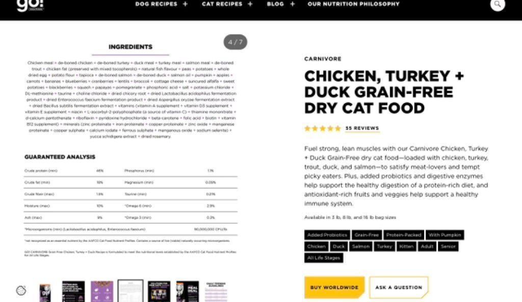 GO! Solutions Carnivore Chicken, Turkey + Duck Grain-Free Dry Cat Food